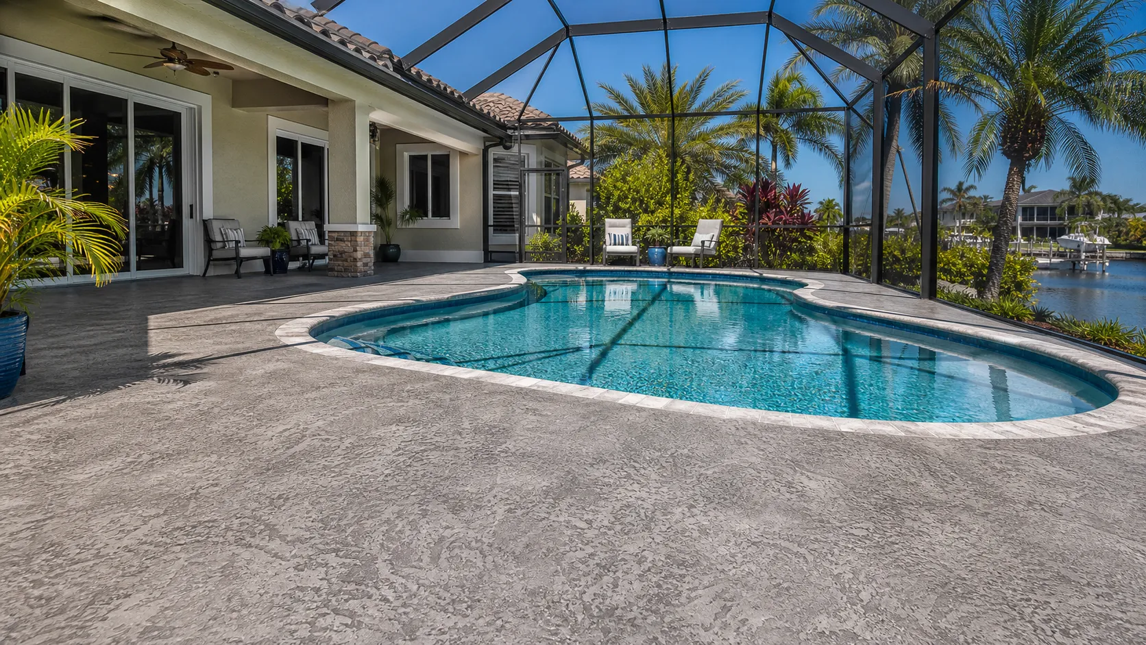 Restored Sarasota pool deck with knockdown texture
