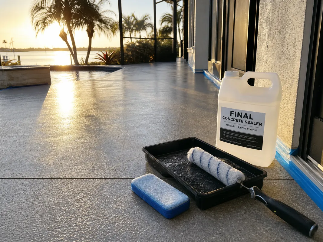 Concrete sealer tools staged on a finished patio coating