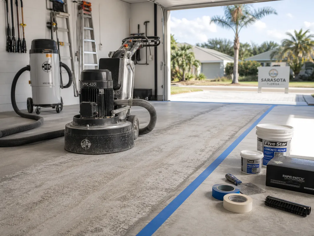 Concrete coating surface preparation tools in a garage