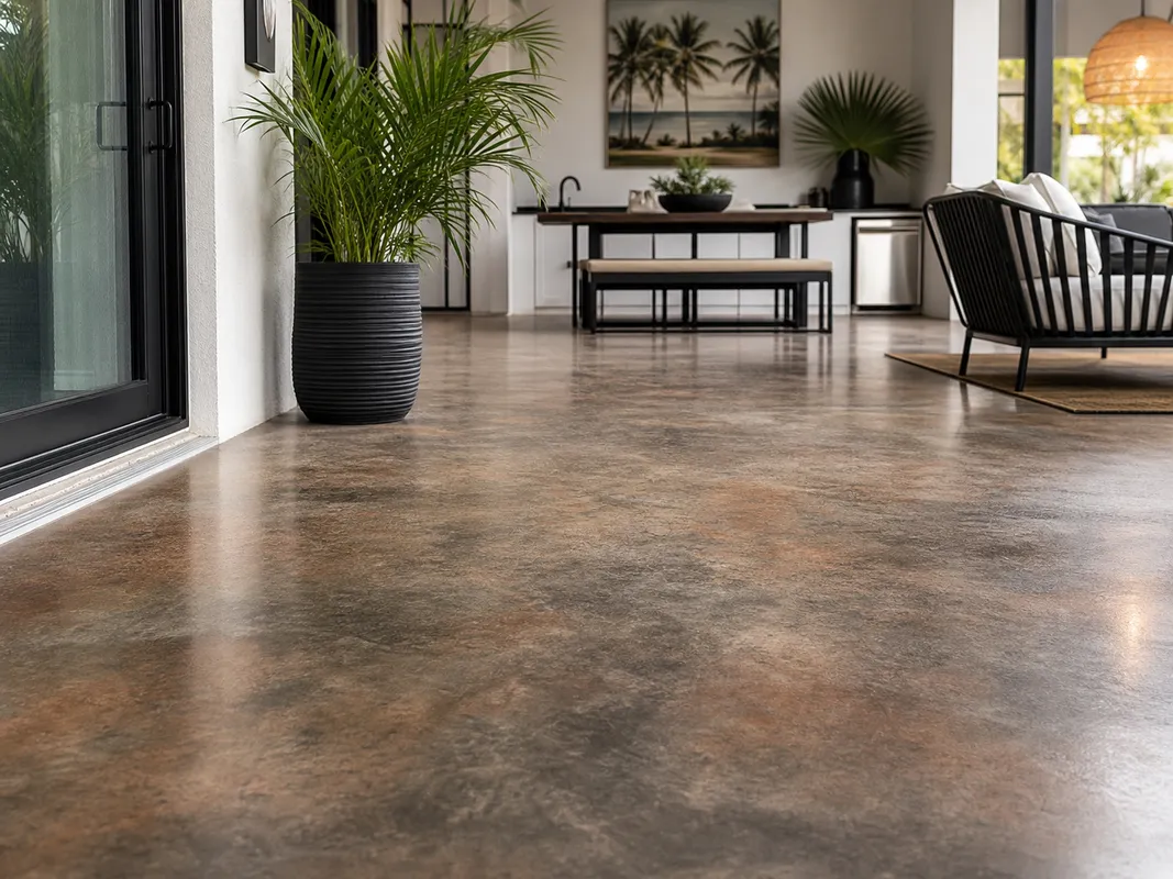 Decorative stained concrete with charcoal gray and red brown tones