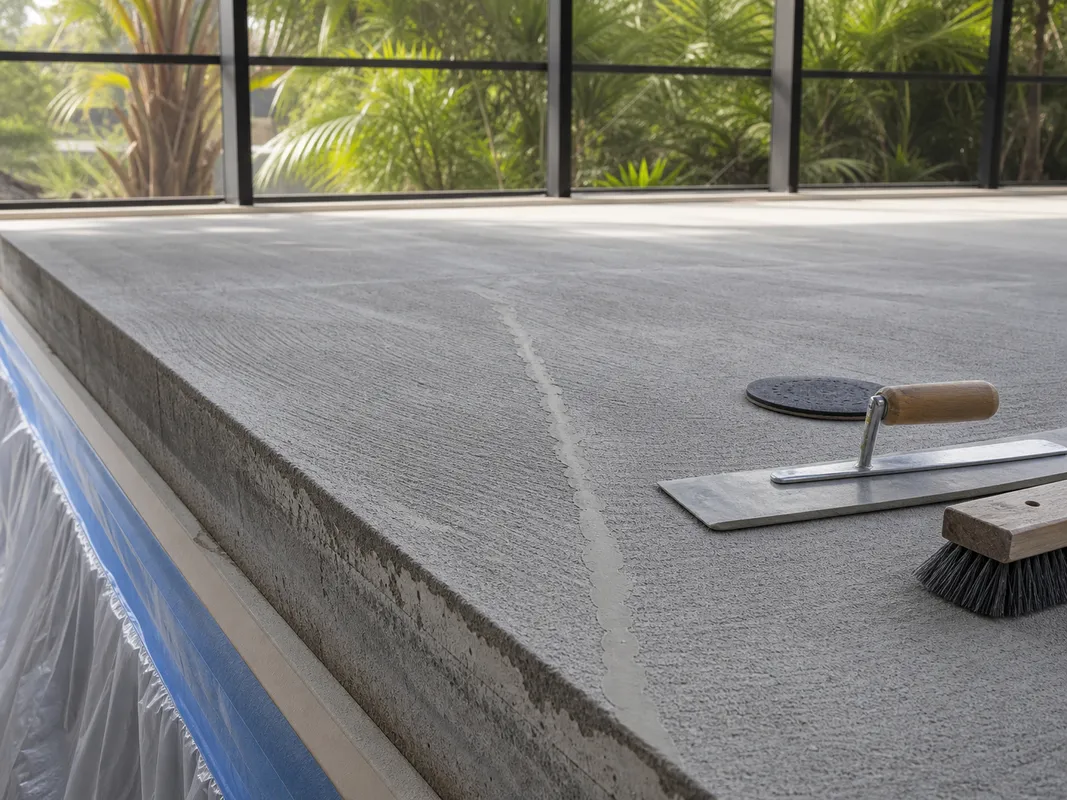 decorative concrete installation process showing prepared concrete surface