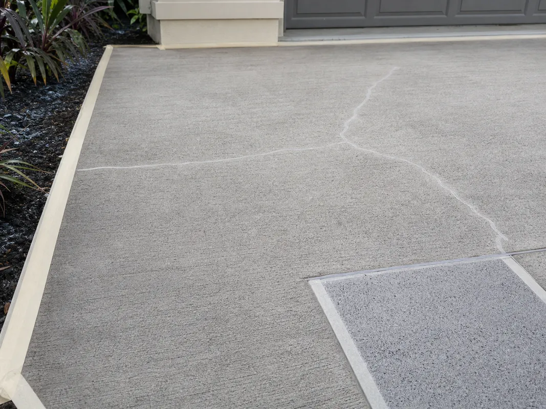 driveway coating installation process showing prepared concrete surface
