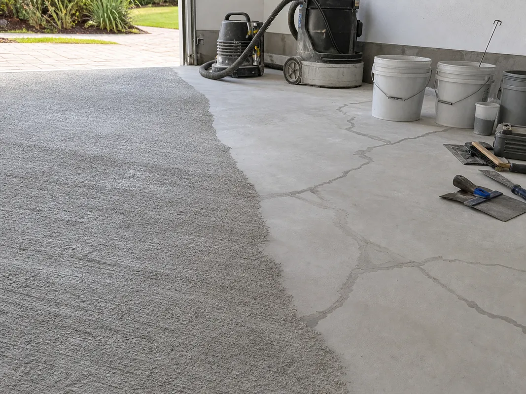 epoxy flooring installation process showing prepared concrete surface