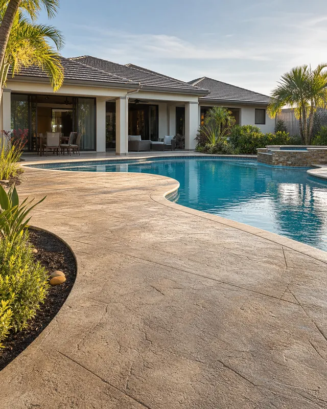 Refinished decorative concrete pool deck surrounding a residential swimming pool