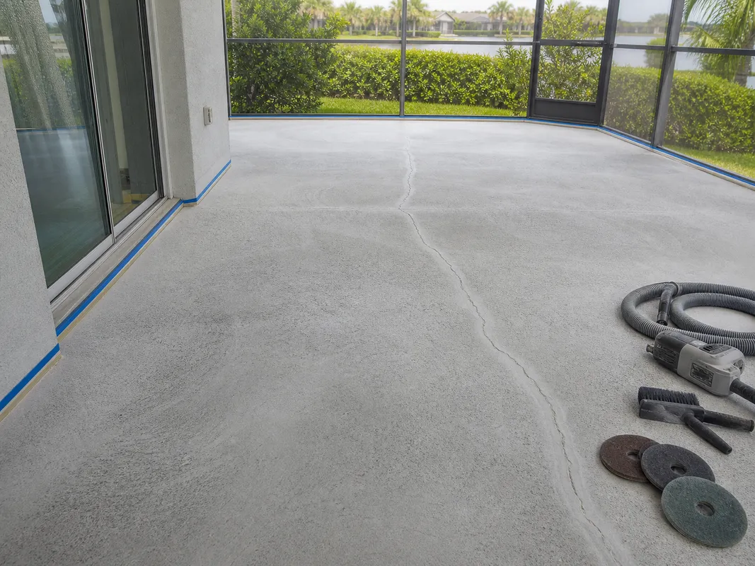 lanai coating installation process showing prepared concrete surface