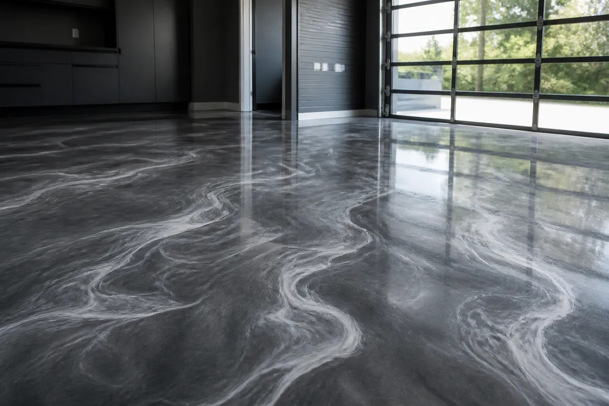 Pearl and charcoal movement example for Metallic Epoxy Flooring