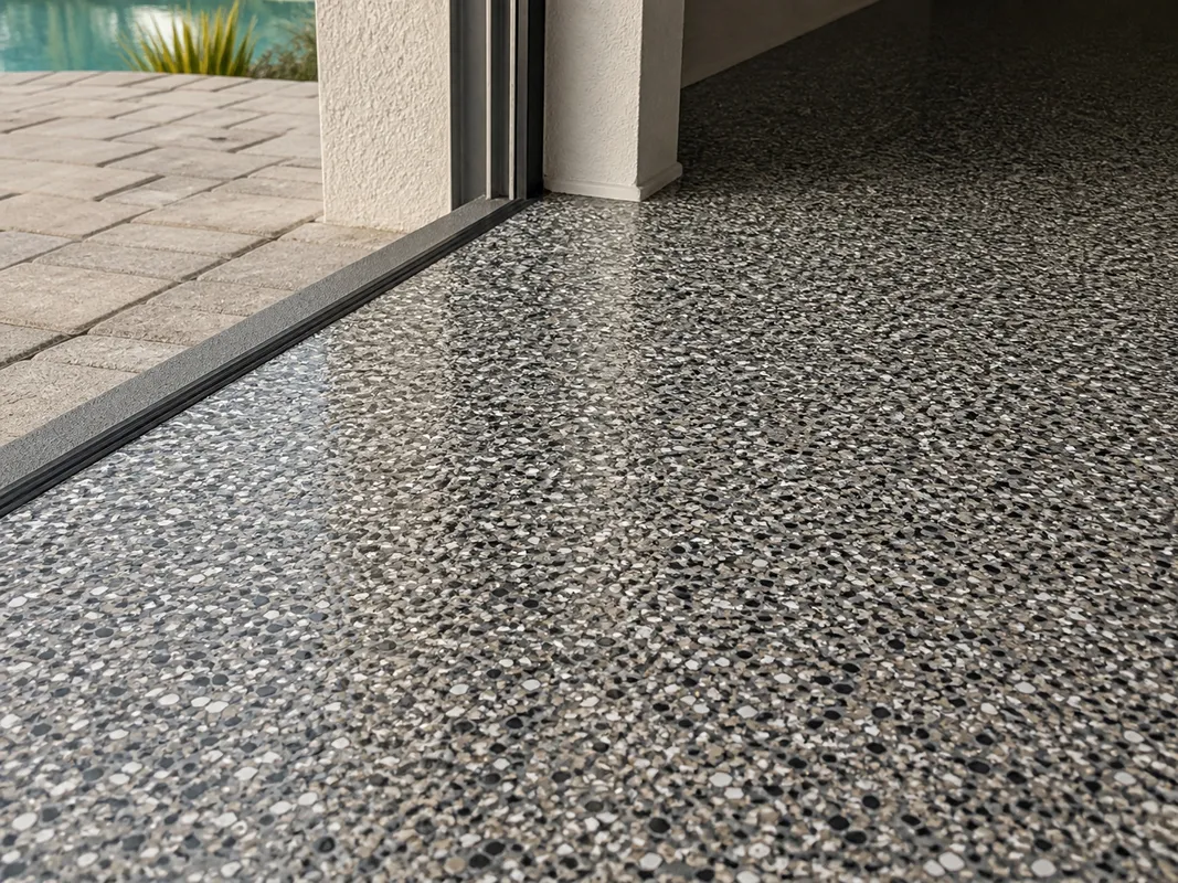 polyaspartic flake coating surface showing decorative finish detail in Sarasota, Florida