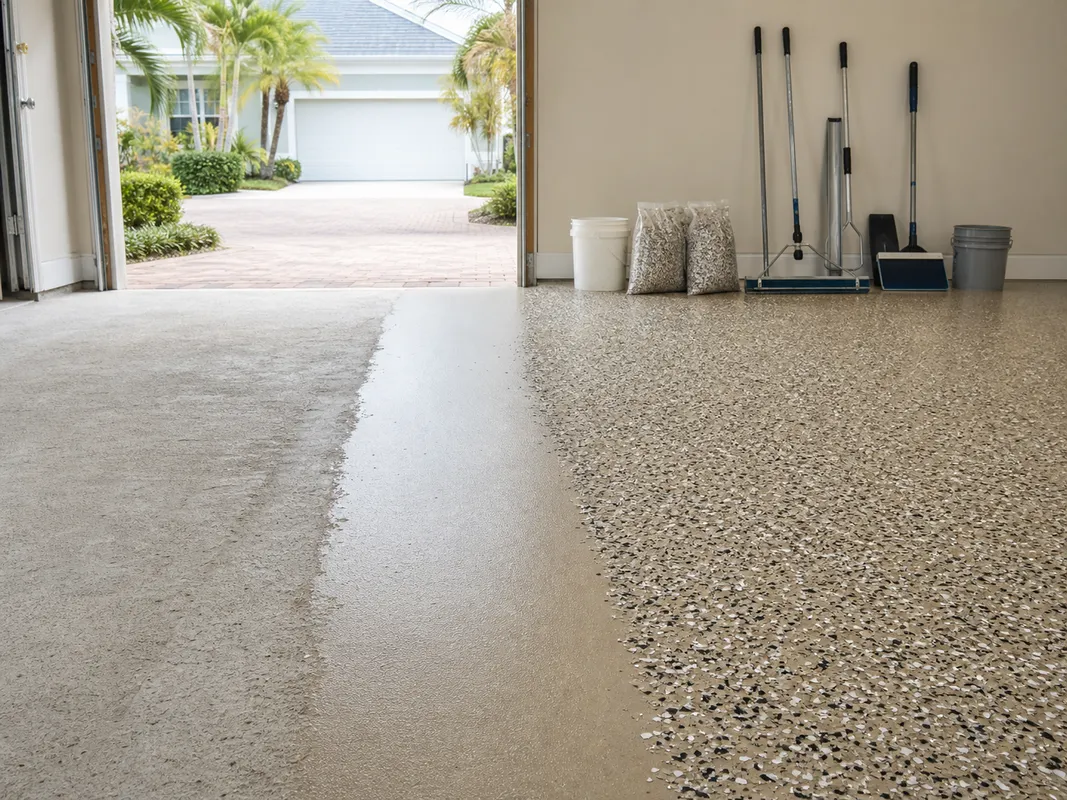 polyaspartic flake coating installation process showing prepared concrete surface