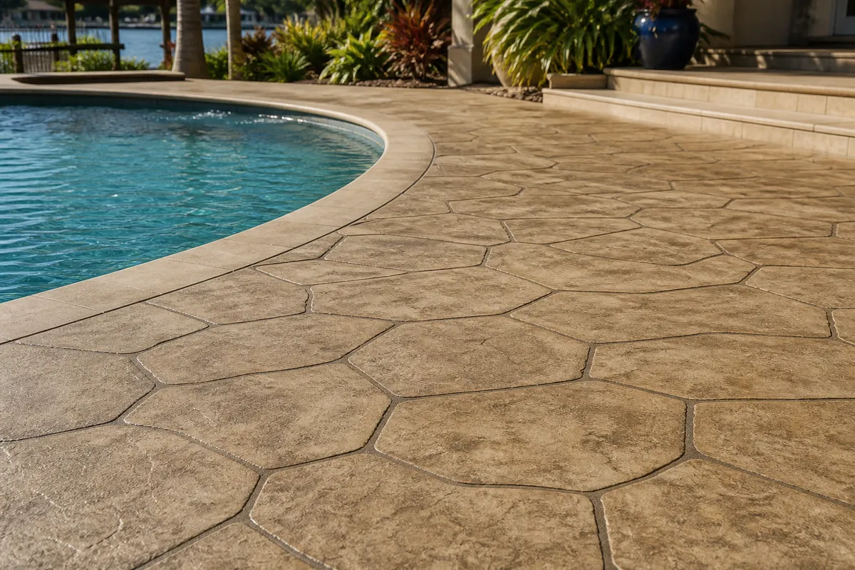 Antiquing and recoating for old stamped decks example for Pool Deck Coatings & Resurfacing