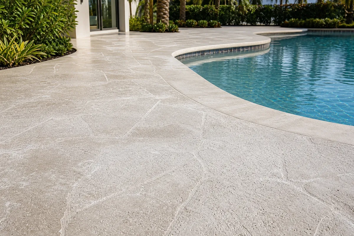 Decorative overlay systems for worn or patched surfaces example for Pool Deck Coatings & Resurfacing