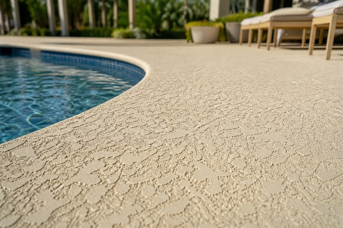 Knockdown texture for cooler, safer poolside traction example for Pool Deck Coatings & Resurfacing