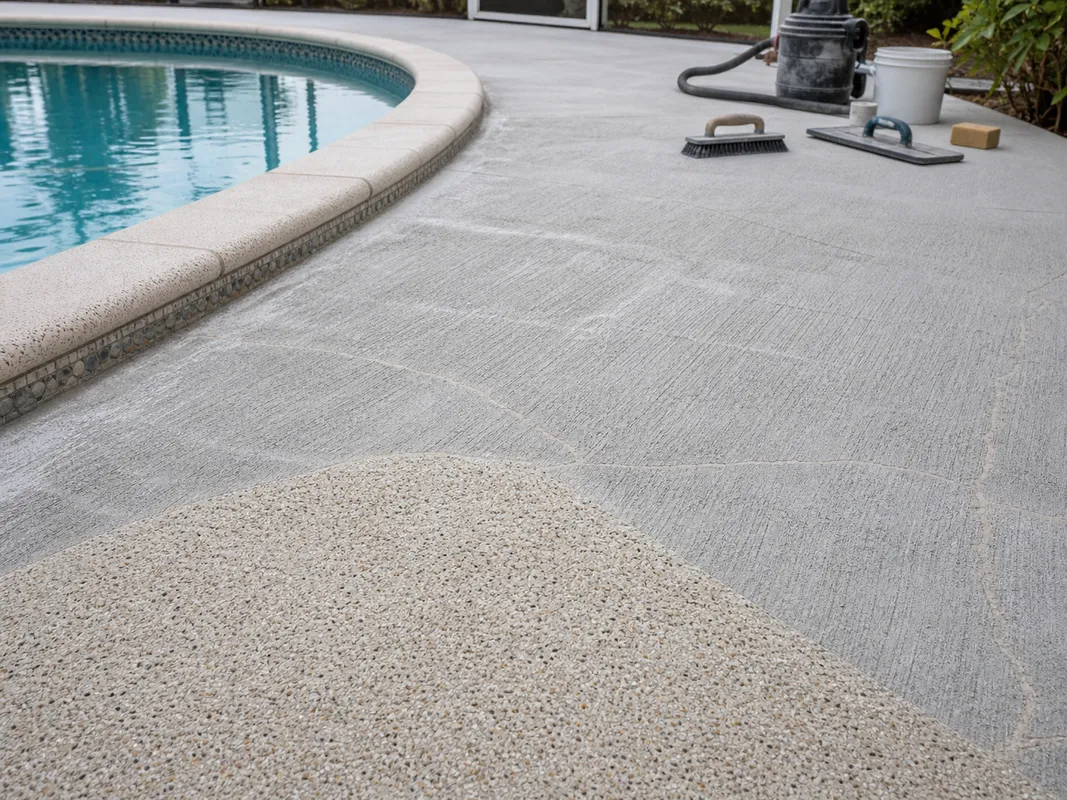 pool deck resurfacing installation process showing prepared concrete surface