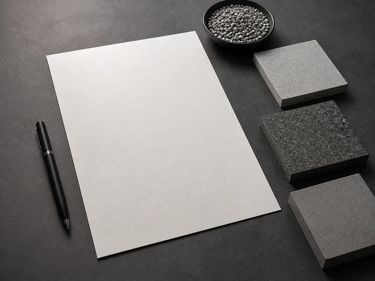 Blank document, pen, and concrete material samples arranged on a dark desk