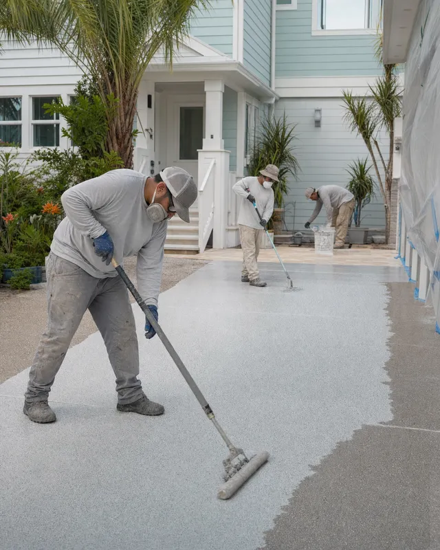 Concrete Decor Pros crew working on decorative concrete for a Anna Maria Island, Florida homeowner