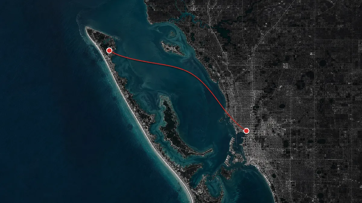 map of Concrete Decor Pros service route from Sarasota to Anna Maria Island, Florida