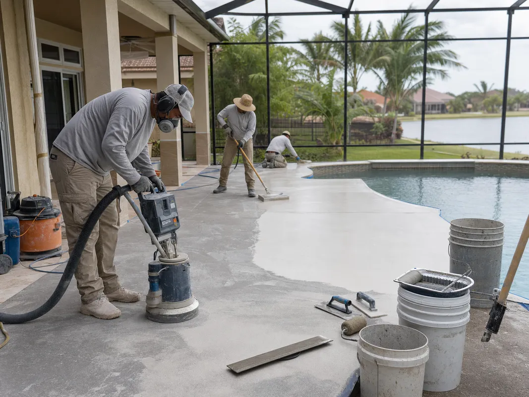 Concrete Decor Pros crew working on decorative concrete for a Apollo Beach, Florida homeowner