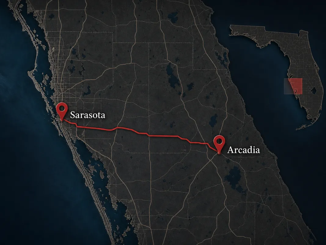 map of Concrete Decor Pros service route from Sarasota to Arcadia, Florida