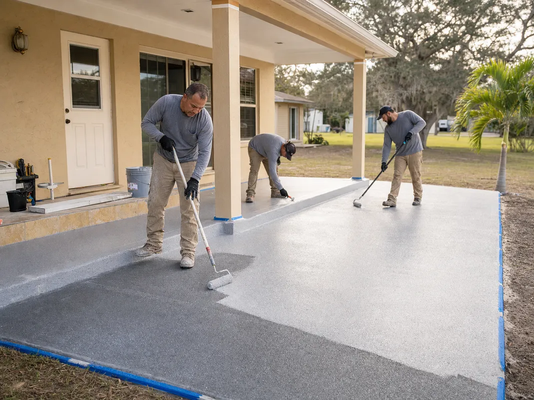 Concrete Decor Pros crew working on decorative concrete for a Arcadia, Florida homeowner