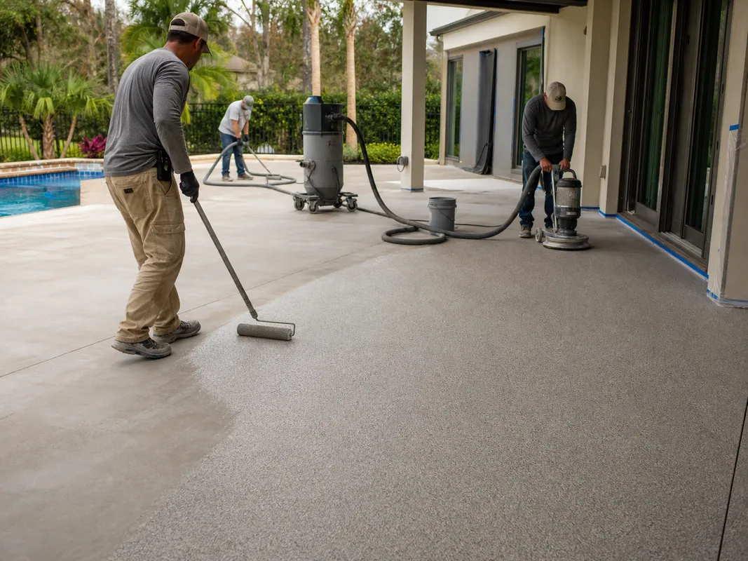 Concrete Decor Pros crew working on decorative concrete for a Bowling Green, Florida homeowner