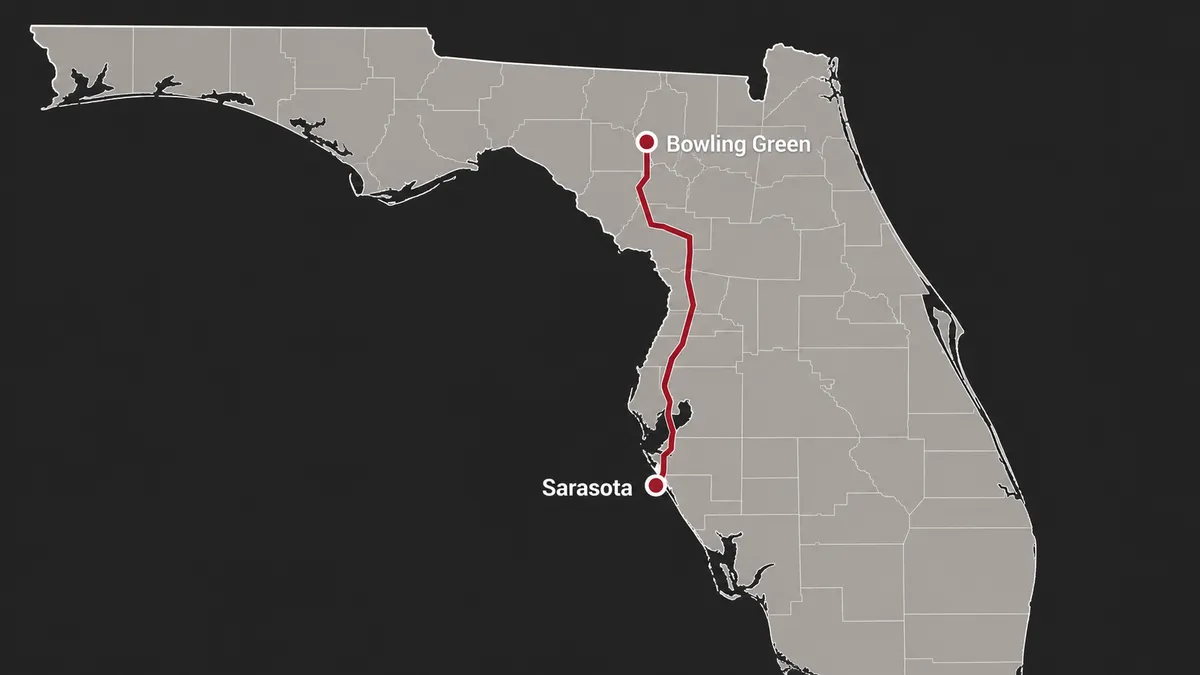 map of Concrete Decor Pros service route from Sarasota to Bowling Green, Florida
