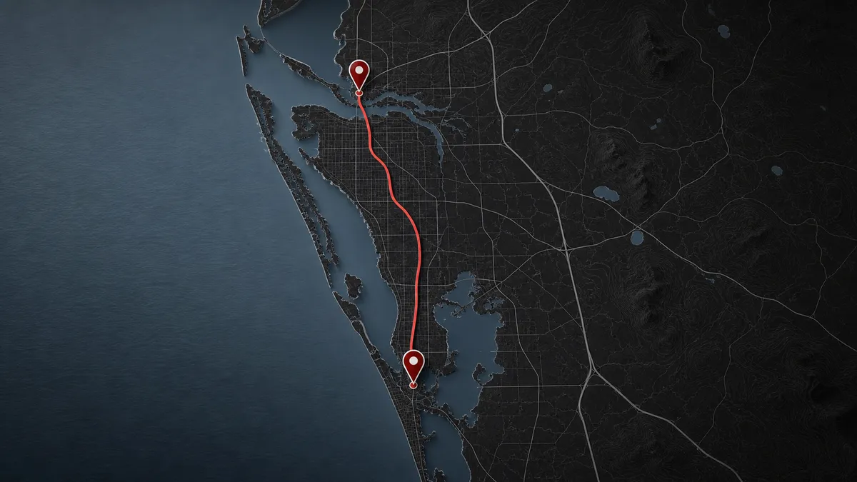 map of Concrete Decor Pros service route from Sarasota to Bradenton, Florida