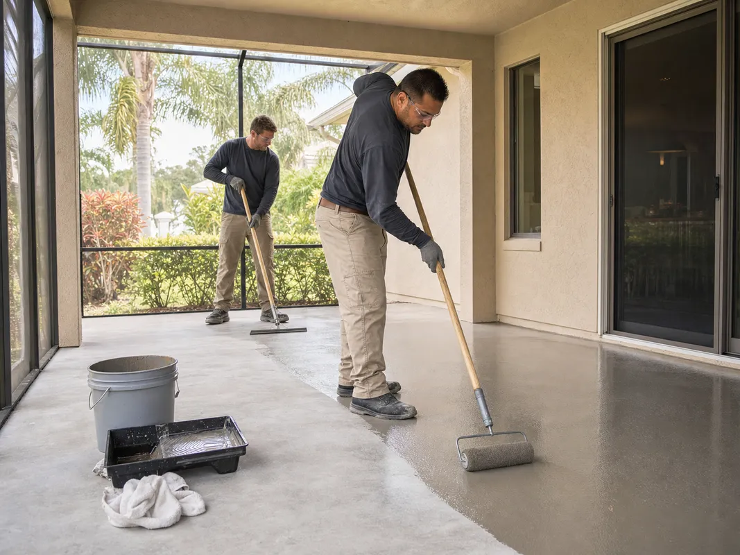 Concrete Decor Pros crew working on decorative concrete for a Bradenton, Florida homeowner