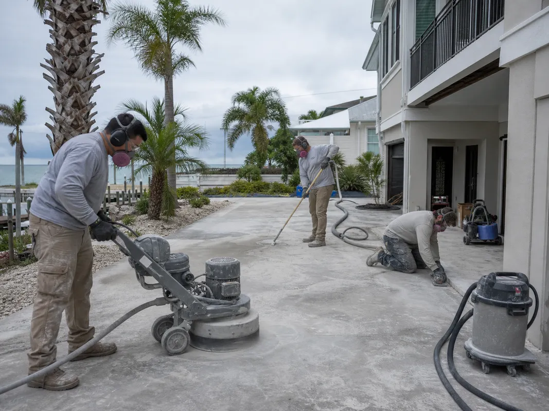 Concrete Decor Pros crew working on decorative concrete for a Cortez, Florida homeowner