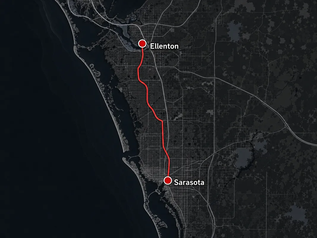 map of Concrete Decor Pros service route from Sarasota to Ellenton, Florida