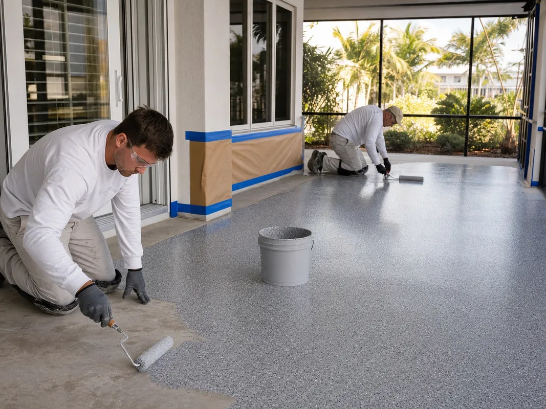 Concrete Decor Pros crew working on decorative concrete for a Englewood, Florida homeowner