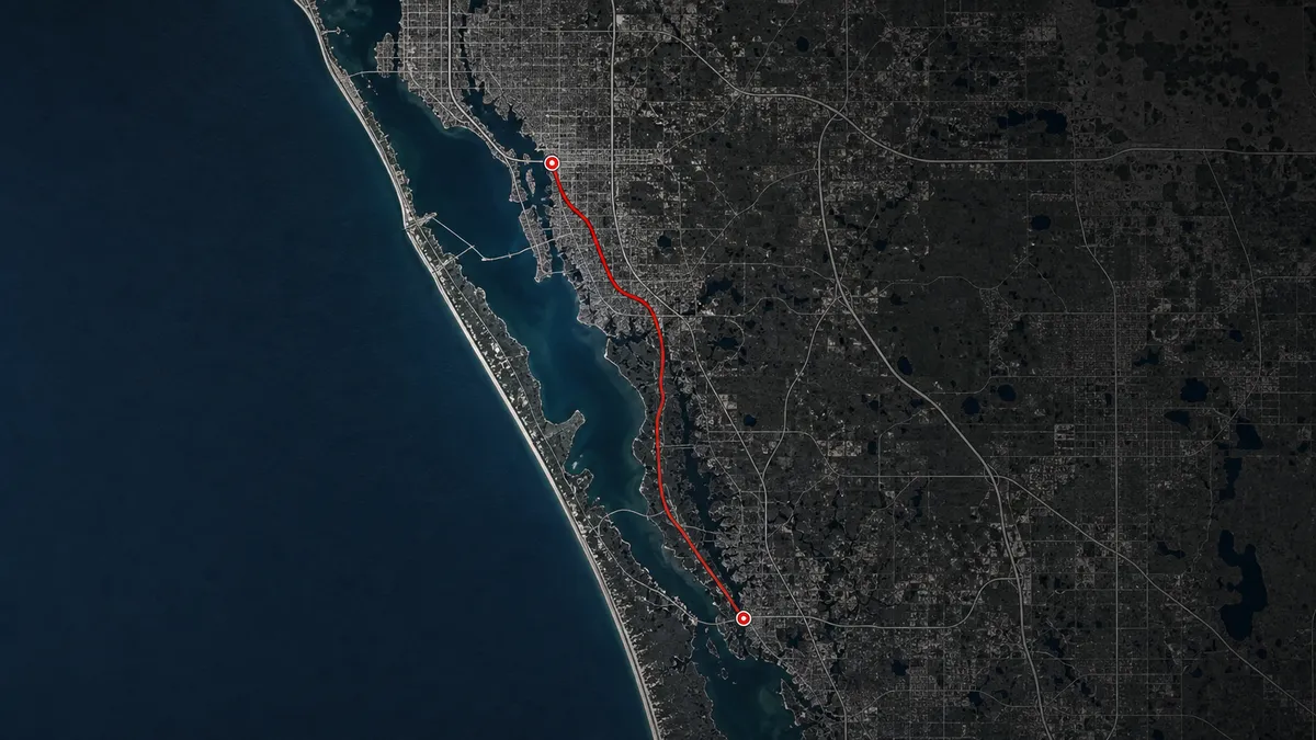 map of Concrete Decor Pros service route from Sarasota to Englewood, Florida