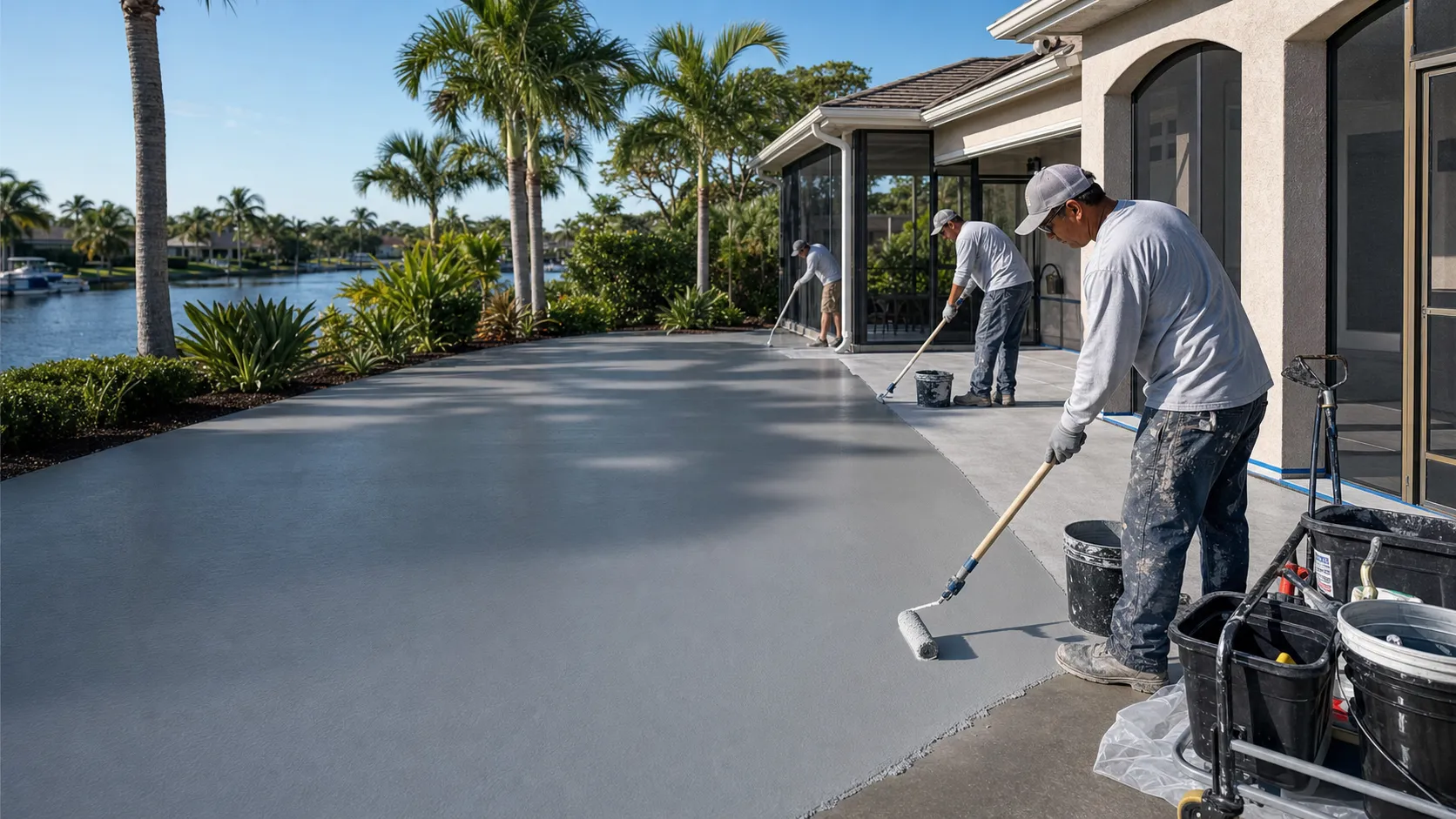 Concrete Decor Pros crew working on residential decorative concrete in Southwest Florida