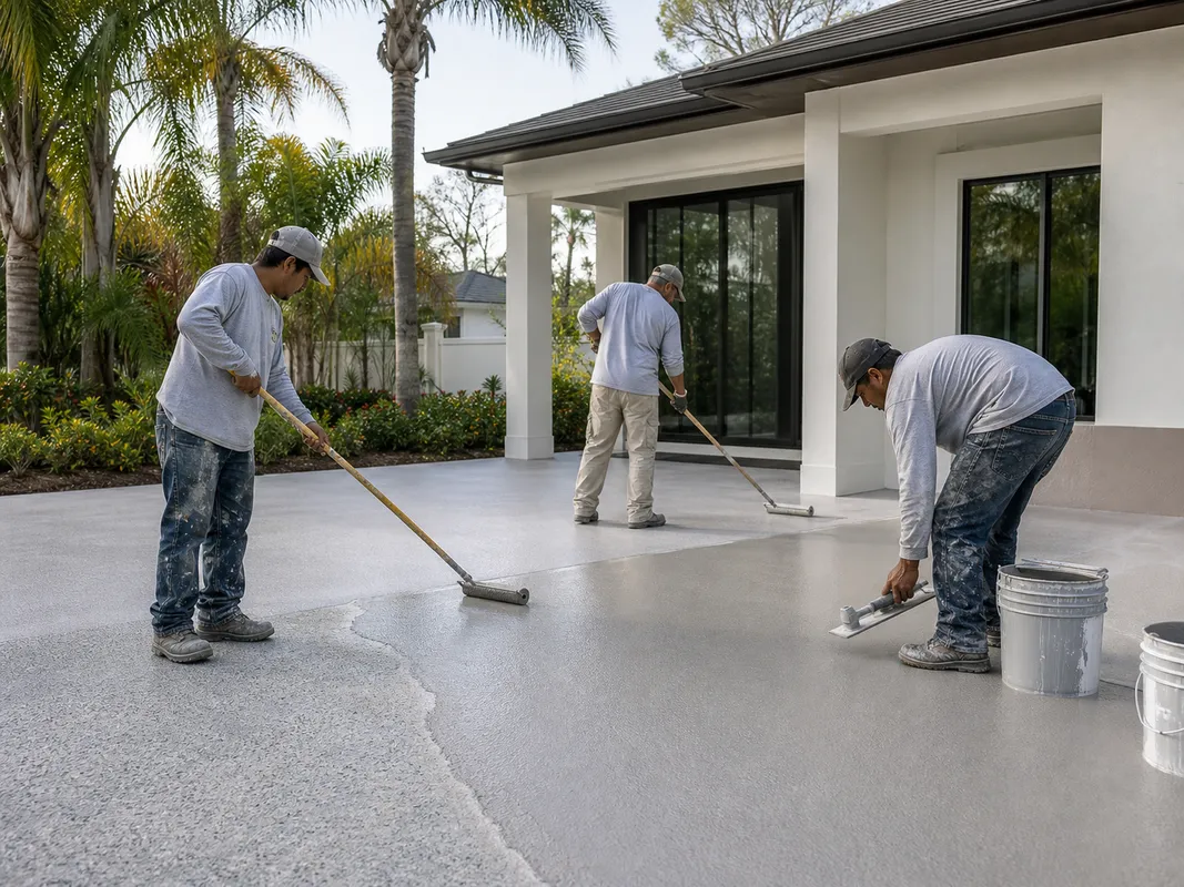 Concrete Decor Pros crew working on decorative concrete for a Lithia, Florida homeowner