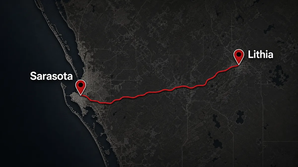 map of Concrete Decor Pros service route from Sarasota to Lithia, Florida