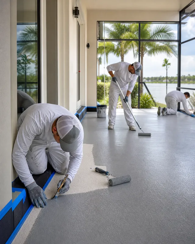 Concrete Decor Pros crew working on decorative concrete for a Longboat Key, Florida homeowner