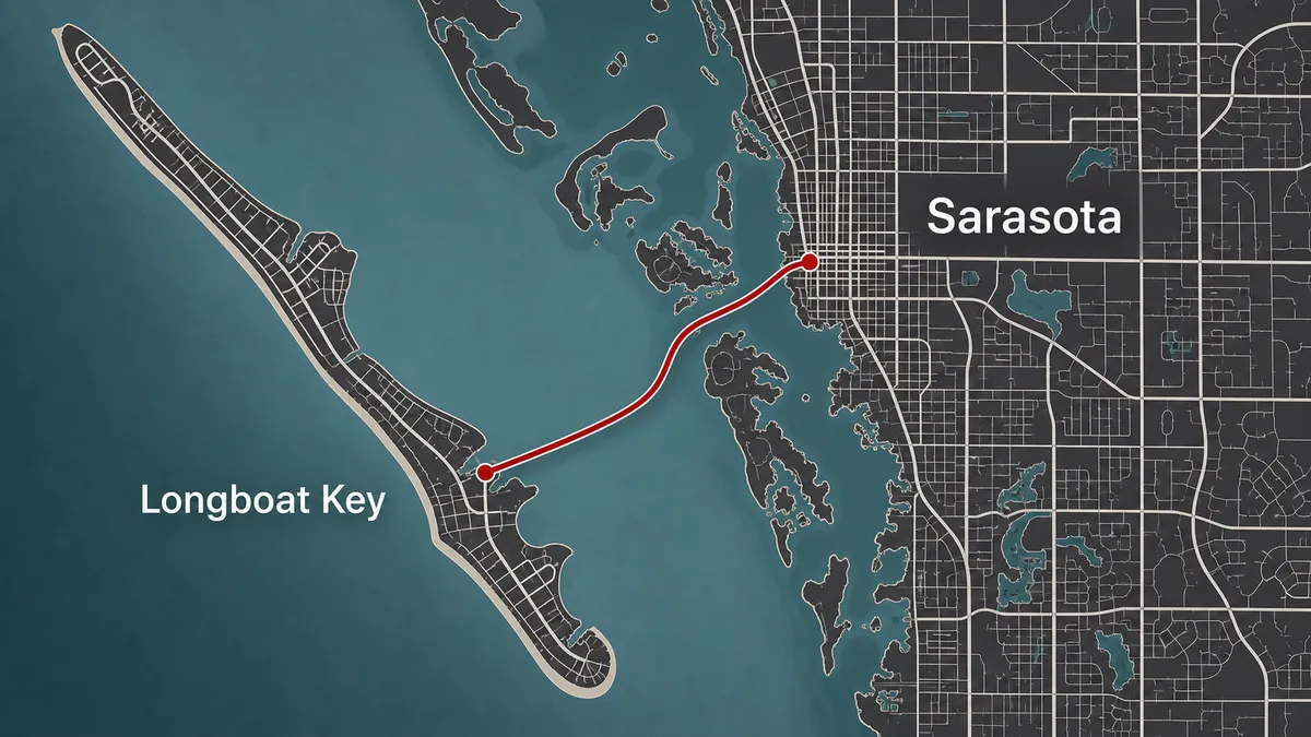 map of Concrete Decor Pros service route from Sarasota to Longboat Key, Florida