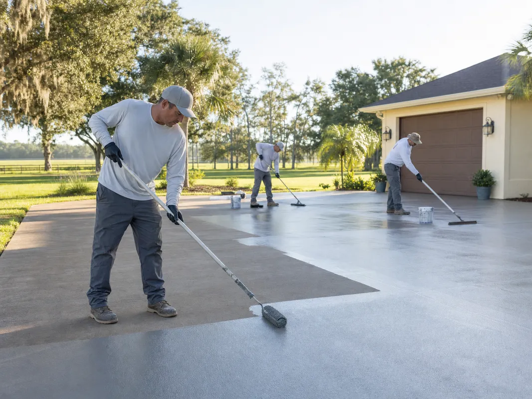 Concrete Decor Pros crew working on decorative concrete for a Myakka City, Florida homeowner