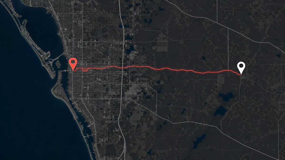 map of Concrete Decor Pros service route from Sarasota to Myakka City, Florida