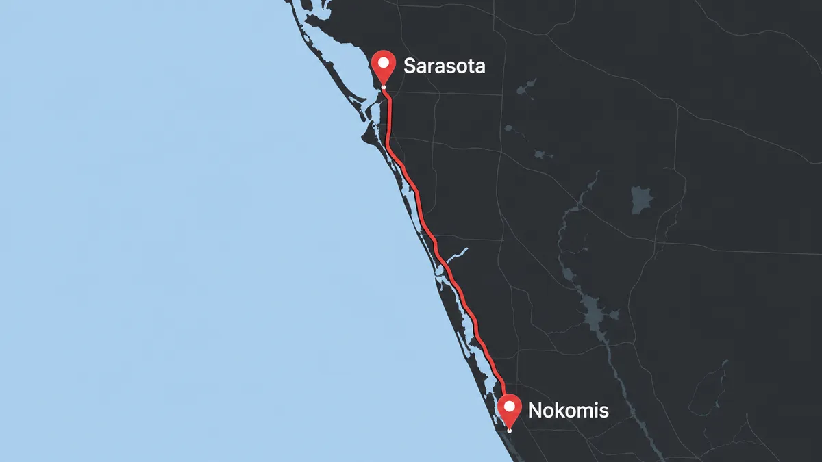 map of Concrete Decor Pros service route from Sarasota to Nokomis, Florida
