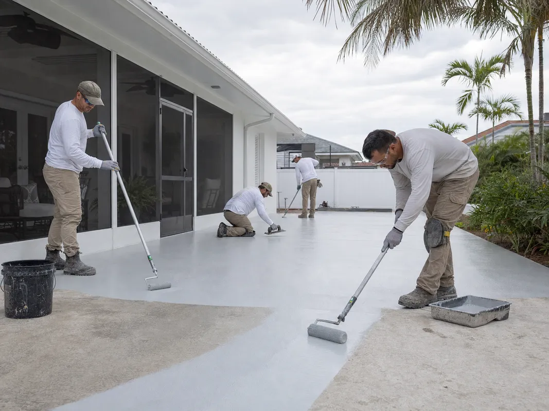 Concrete Decor Pros crew working on decorative concrete for a Nokomis, Florida homeowner