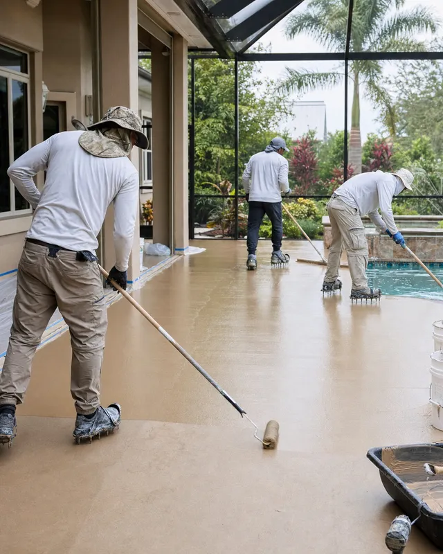 Concrete Decor Pros crew working on decorative concrete for a North Port, Florida homeowner