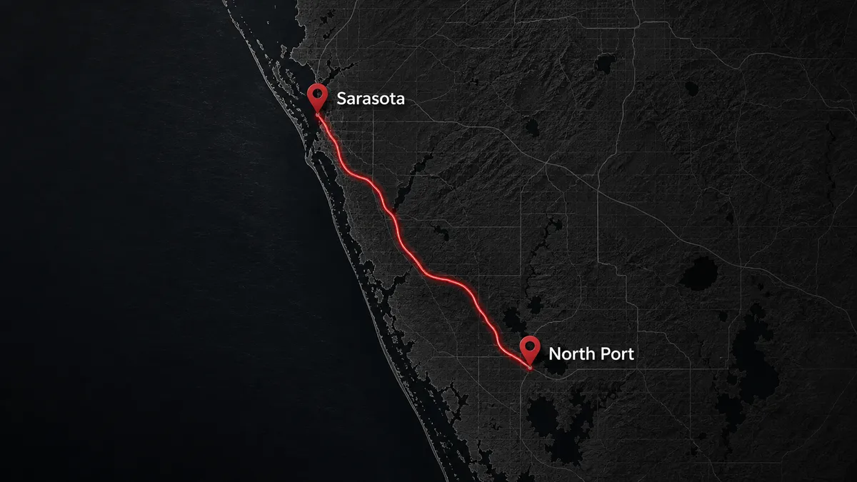 map of Concrete Decor Pros service route from Sarasota to North Port, Florida