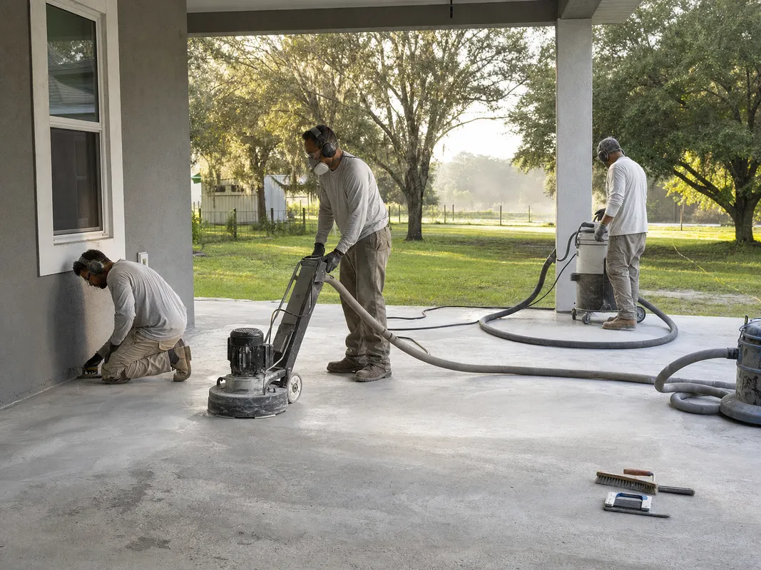 Concrete Decor Pros crew working on decorative concrete for a Ona, Florida homeowner