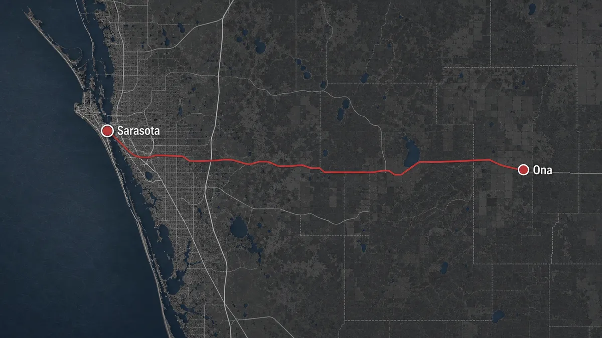 map of Concrete Decor Pros service route from Sarasota to Ona, Florida