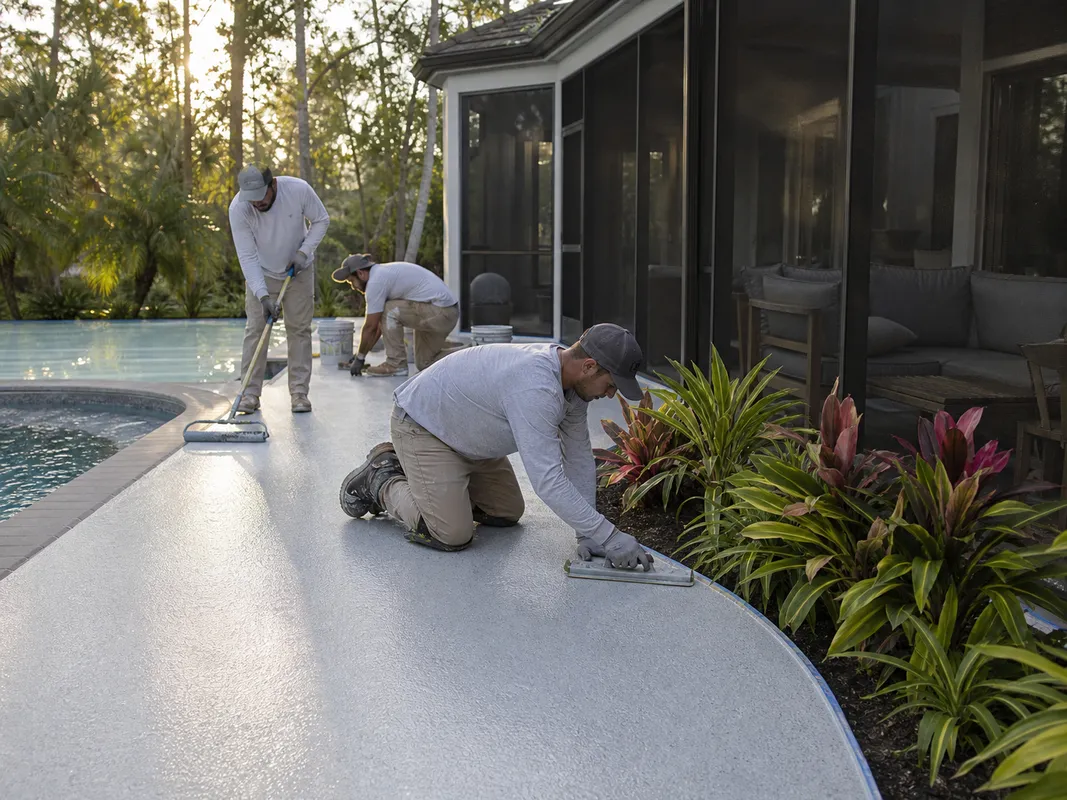 Concrete Decor Pros crew working on decorative concrete for a Osprey, Florida homeowner
