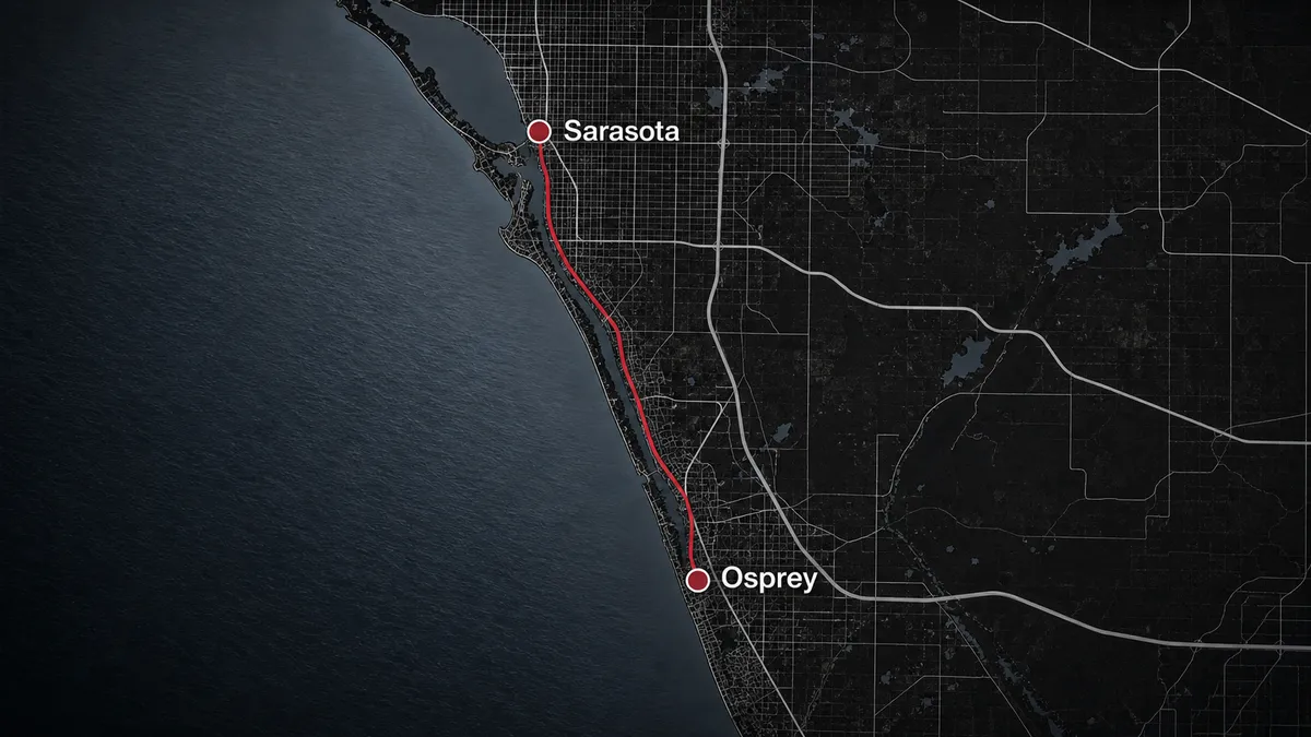 map of Concrete Decor Pros service route from Sarasota to Osprey, Florida