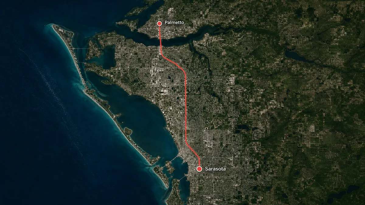 map of Concrete Decor Pros service route from Sarasota to Palmetto, Florida