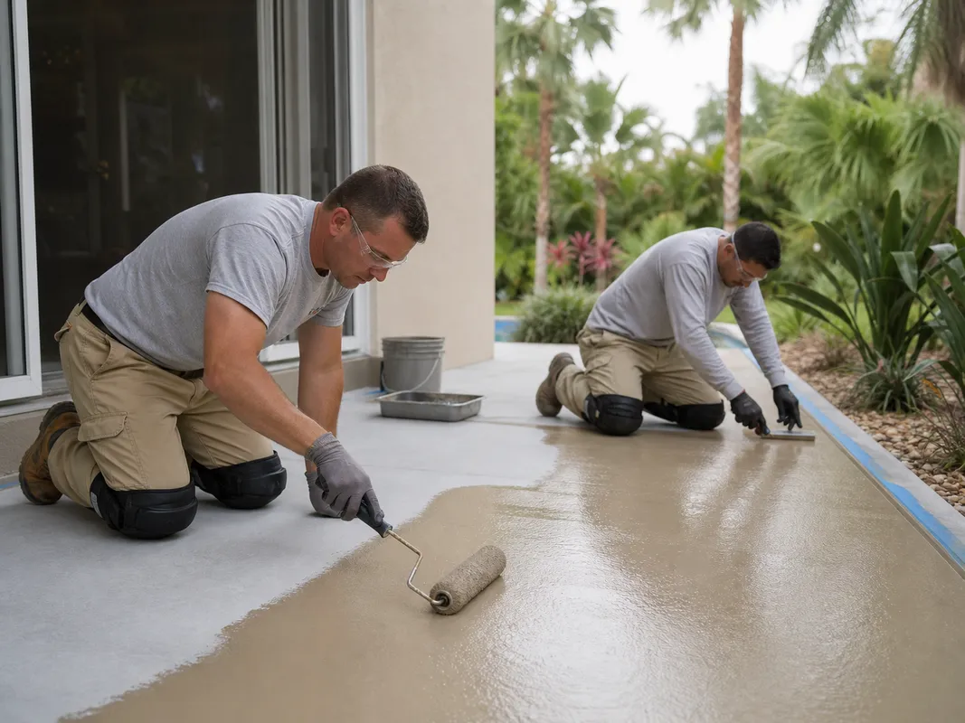 Concrete Decor Pros crew working on decorative concrete for a Palmetto, Florida homeowner