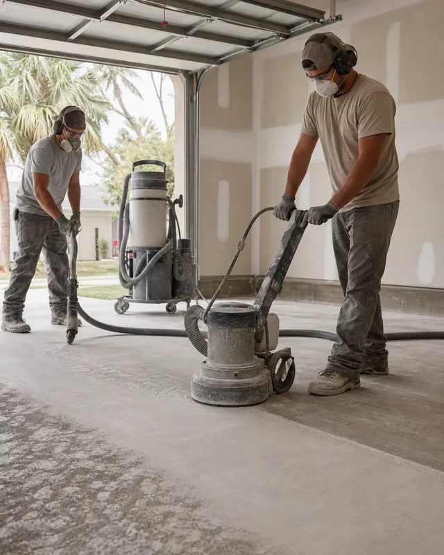 Concrete Decor Pros crew working on decorative concrete for a Parrish, Florida homeowner