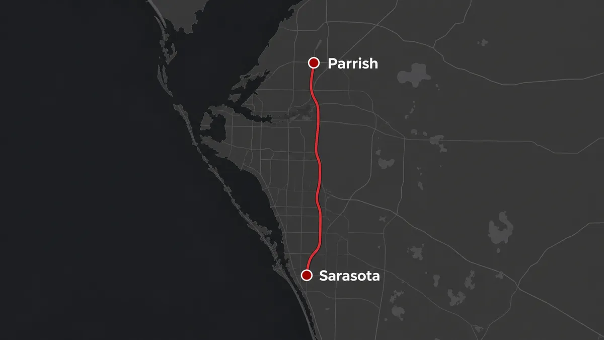 map of Concrete Decor Pros service route from Sarasota to Parrish, Florida