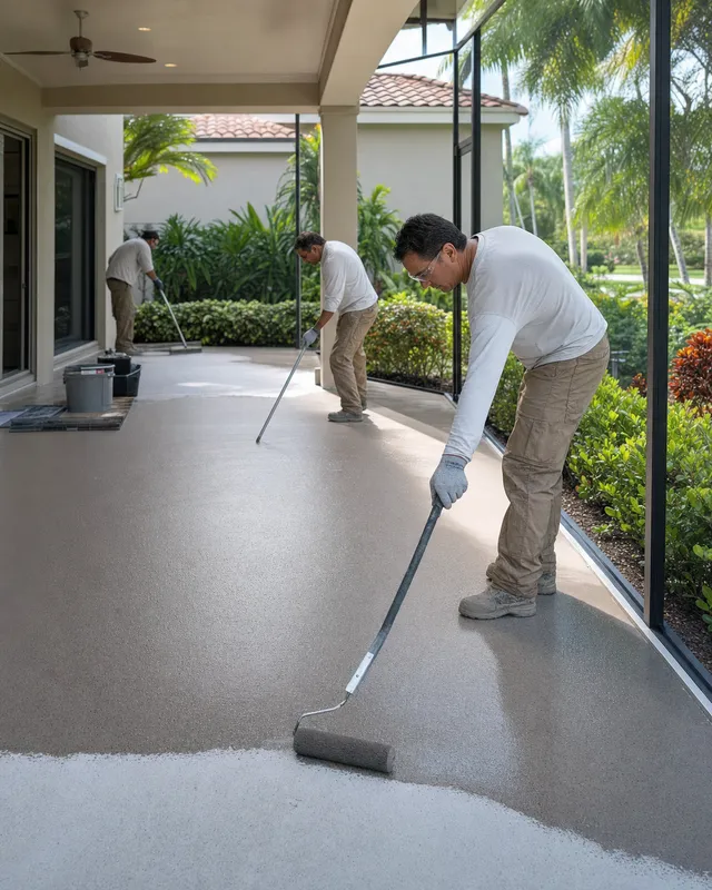 Concrete Decor Pros crew working on decorative concrete for a Port Charlotte, Florida homeowner